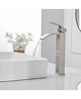 Greenspring Vessel Sink Faucet Brushed Nickel Tall Body Waterfall Spout Single Hole Single Handle Modern Commercial Bathroom Faucet with Pop Up Drain