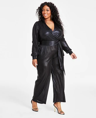 Nina Parker Trendy Plus Size Long-Sleeve Metallic Jumpsuit