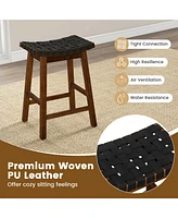 Woven Saddle Stools Set of 2 25.5'' Faux Pu Leather Counter Height Kitchen Stool