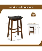 Costway Woven Saddle Stools Set of 2 31'' Faux Pu Leather Bar Height Kitchen Stool