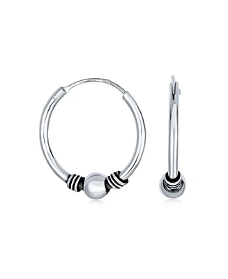 Bling Jewelry Balinese Tribal Ball Bead Continuous Circle Bohemian Boho Tribal Endless Bali Hoop Earrings .925 Sterling Silver