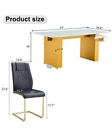 Simplie Fun Table and chair set.Large modern rectangular table with 0.4 inch patterned glass tabletop and large Mdf table legs.Comes with chairs wit