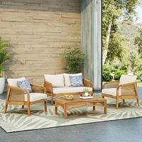 4-Pieces Acacia Wood Patio Furniture Set, Outdoor Furniture With Coffee Table, Patio Conversation Set Deep Seating With Soft Cushion, Porch Chairs For