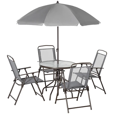 Streamdale Furniture 6 Piece Patio Dining Set for 4 with Umbrella, Outdoor Table and Chairs with 4 Folding Dining Chairs & Round Glass Table for Garde