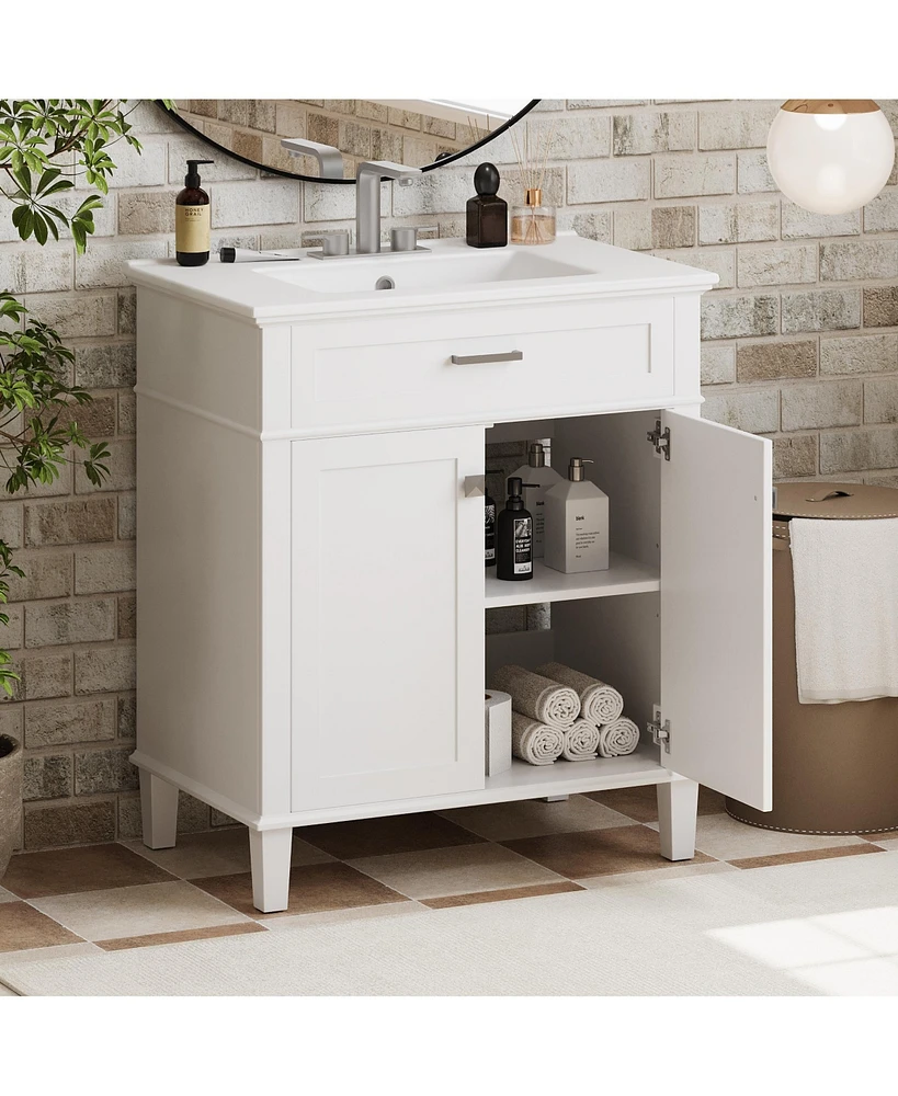 Streamdale Furniture 30-inch bathroom vanity with ceramic basin, soft close door and adjustable shelves