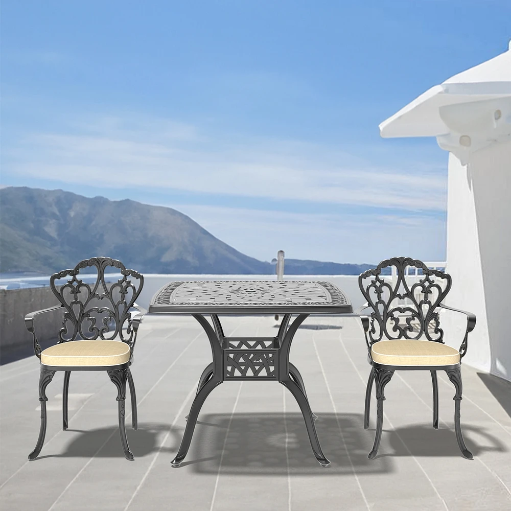 Streamdale Furniture 3-Piece Set Of Cast Aluminum Patio Furniture With Black Frame and Seat Cushions In Random Colors