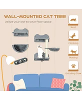 Cat Wall Shelves, 4 Pcs Cat Wall Furniture Cat Climbing Shelf with Cat Hammock, 3 Steps, Perches, Scratching Post, for Sleeping, Playing, Gray