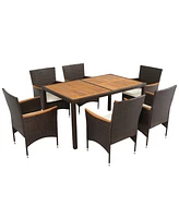 7-Piece Outdoor Patio Dining Set, Garden Pe Rattan Wicker Dining Table and Chairs Set, Acacia Wood Tabletop, Stackable Armrest Chairs with Cushions, R