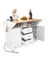 55.7" Large Kitchen Island with 2 Drop Leaf,, Rolling Kitchen Cart on 5 Wheels with Power Outlet, Folding Storage Dining Table with Spice & Towel