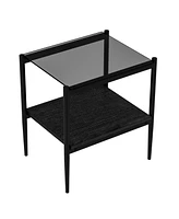 Set of 2 Rectangle End Table, Tempered Glass Tabletop with Mdf layer, Modern Table for Living Room, Gray Glass
