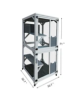 30.7" Wooden Catio Outdoor Cat Enclosure, Luxury Cat House on Wheels with Napping House, 4 Platforms & Weatherproof Asphalt Roof, Large Kitty Cat