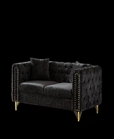 60-Inch Chenille Pull Buckle Design Sofa for Living Room, Buttons Tufted With Copper Nail Decoration Armrest, Modern Couch Upholstered Button And Meta