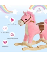 Streamdale Furniture Rocking Horse Plush Animal on Wooden Rockers, Baby Rocking Chair with Sounds, Moving Mouth, Wagging Tail, Pink