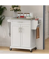 Kitchen Island on Wheels, Rolling Kitchen Cart with Stainless Steel Countertop, Drawer, Towel Rack and Spice Rack, Utility Storage Trolley, Cream Whit
