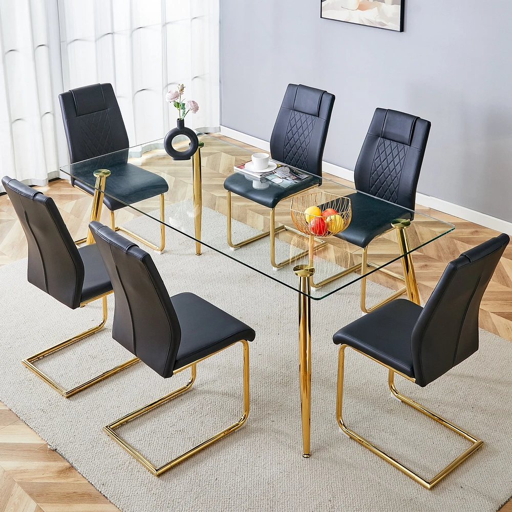 Streamdale Furniture Table and chair set.Modern rectangular glass dining table with a tempered glass tabletop and metal legs