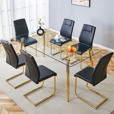 Simplie Fun Table and chair set.Modern rectangular glass dining table with a tempered glass tabletop and metal legs