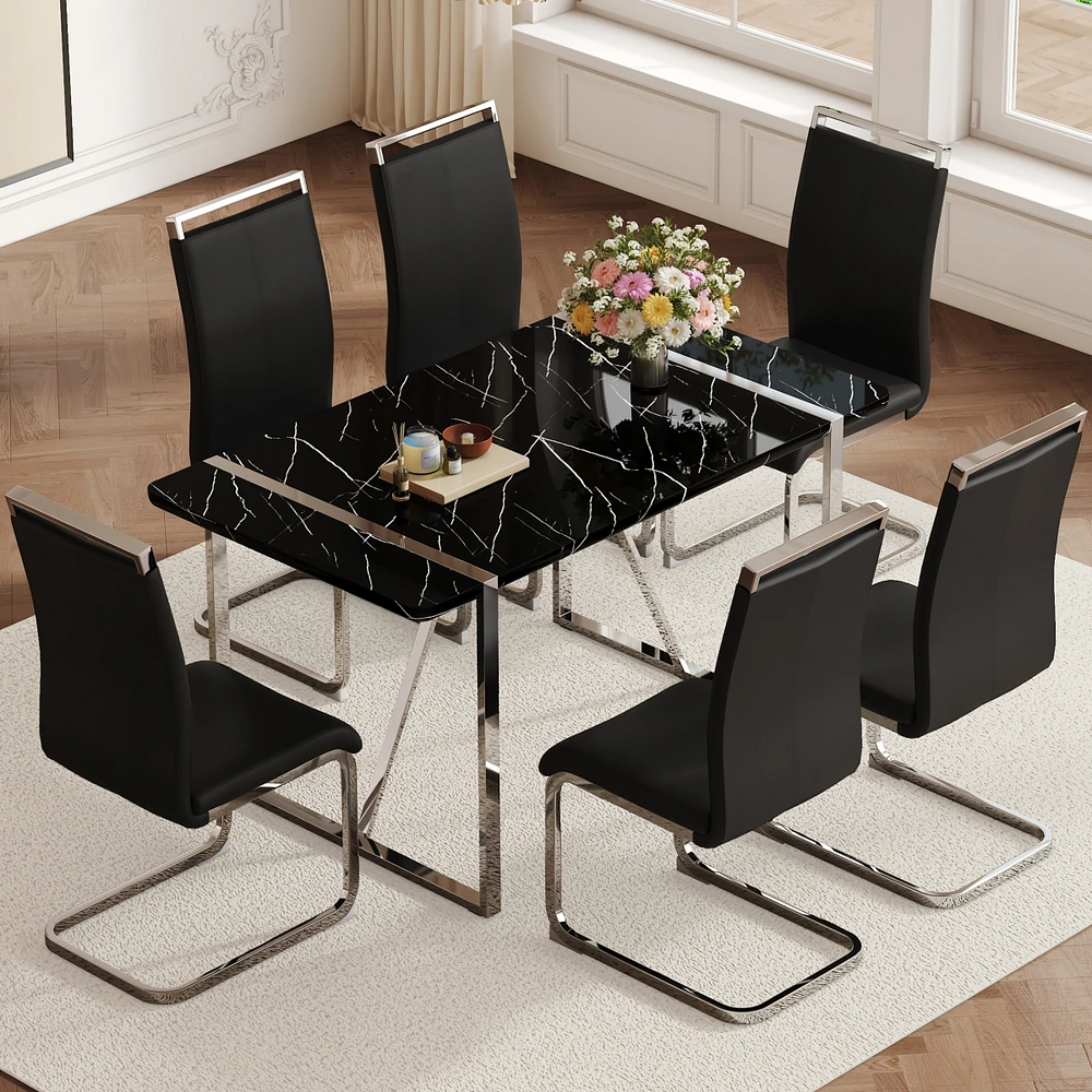 Streamdale Furniture Table and chair set.a rustic industrial rectangular Mdf black dining table with Mdf desktop and electroplated silver metal legs.P