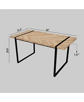 59" Rural Industrial Rectangular Mdf Light Wood Dining Table Set and Pu Armless Dining Chair Set, 6-piece. Kitchen Black Metal Table Leg Dining C