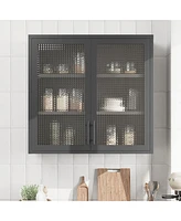 Retro Style Wall Mounted Cabinet Table-Top Storage Cabinet with Hazy Glass Doors and 2 Adjustable Shelves for Bathroom Kitchen Living Room Kitchen Hal