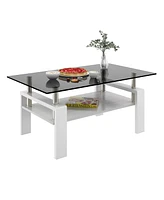 Rectangle Coffee Table, Tempered Glass Tabletop with Mdf Layer, Modern Table for Living Room, Gray Glass