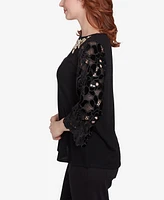 Ruby Rd. Petite Velvet Rosette Lace Sleeve Bejeweled Solid Blouse