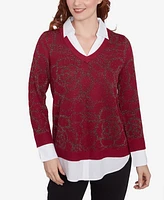 Ruby Rd. Petite Metallic Floral Layered Shirt Collar V-Neck Sweater