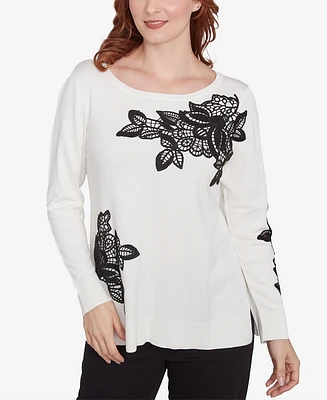 Ruby Rd. Petite Floral Lace Fine Gauge Crew Neck Sweater