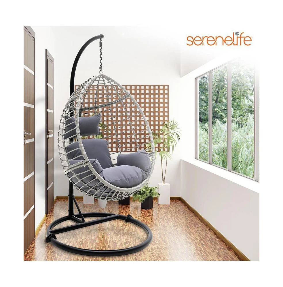 SereneLife Wicker Rattan Swing Chair with Cushions and Frame, Black