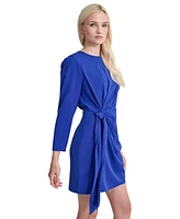 Dkny Petite Solid Pleated Side-Knot Long-Sleeve A-Line Dress