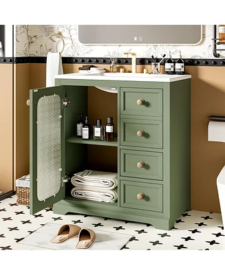 30-inch bathroom vanity with a soft close glass door, adjustable shelves, and three drawers