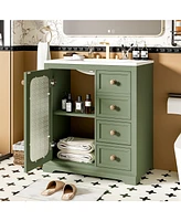30-inch bathroom vanity with a soft close glass door, adjustable shelves, and three drawers