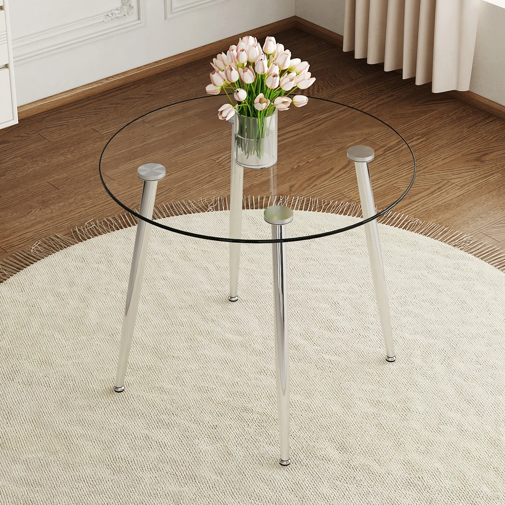 Streamdale Furniture Round dining table with glass top, silver metal legs, exquisite life, starting from the details, the silver legs show an extraord