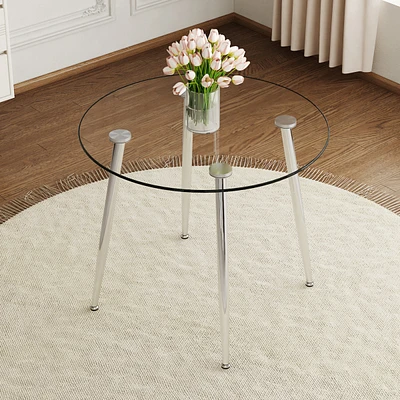 Simplie Fun Round dining table with glass top, silver metal legs, exquisite life, starting from the details, the silver legs show an extraordinary tex