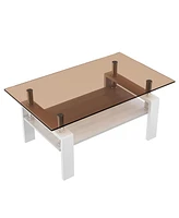 Simplie Fun Rectangle Coffee Table, Tempered Glass Tabletop with Mdf Layer, Modern Table for Living Room, Brown Glass