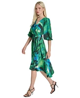 Dkny Women's Printed Sash-Tie V-Neck Elbow-Sleeve Midi Dress