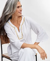 Jm Collection Women's Cotton Embellished Split-Neck Top, Exclusively at Macy's