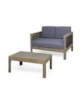 Simplie Fun Outdoor Acacia Wood And Wicker Loveseat And Coffee Table Set With Cushions, Gray + Mixed Gray + Dark Gray