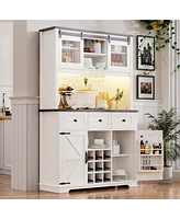 71" Farmhosue Pantry Bar Cabinet with Internal Storage Rack, Kitchen Cabinet with Hutch, Sliding Door, Power Outlet, Pegboard, Wine & Glasses Rac