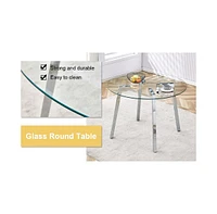 Simplie Fun Table and chair set.a Modern Minimalist Style Round Clear Tempered Glass Table with silver Metal Legs.Paired with chairs with Modern Pu