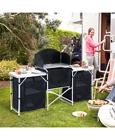 Aluminum Portable Camping Kitchen Fold-Up Cooking Table With Windscreen and 3 Enclosed Cupboards for Bbq, Party, Picnics, Backyards