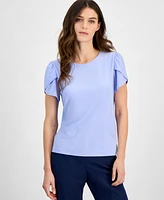 Ak Anne Klein Petite Gathered-Tulip Short-Sleeve Top