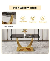 Simplie Fun Table and chair set.Modern rectangular dining table with black textured stickers glass tabletop and gold plated metal legs.Paired with 6 c