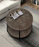 31.5" D x 31.5" W x 18.3" H Round Coffee Table With 2-Tier Storage, Farmhouse Living Room Cocktail Table With Black Metal Leg, Patchwor