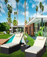 3-Piece Outdoor Patio Furniture Set Chaise Lounge, Patio Reclining Rattan Lounge Chair Chaise Couch Cushioned with Glass Coffee Table