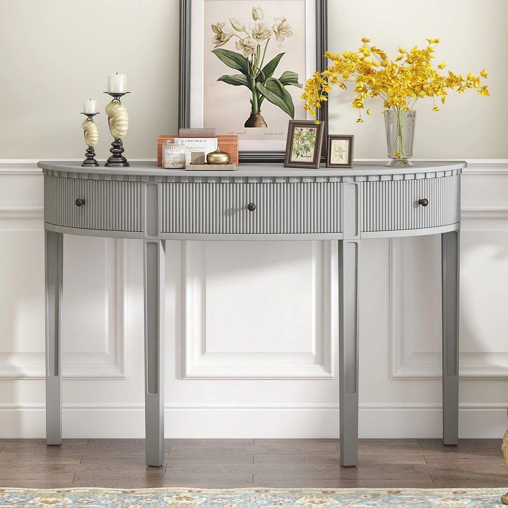 Simplie Fun Distinctive Features of Pine Veneer Console Table with Vertical Stripe Drawer Fronts and Four Legs