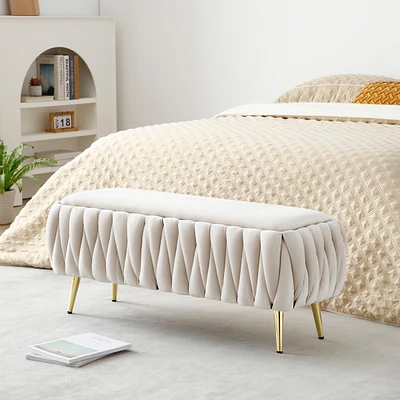 Simplie Fun Oval Storage Bench with Gold Legs, Velvet Fabric Upholstered Ottoman Storage Benches for Bedroom End of Bed, Sherpa Fabric Bench for Livin