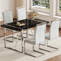 Table and chair set.a rustic industrial rectangular Mdf black dining table with Mdf desktop and electroplated silver metal legs.Paired with 4 chairs w