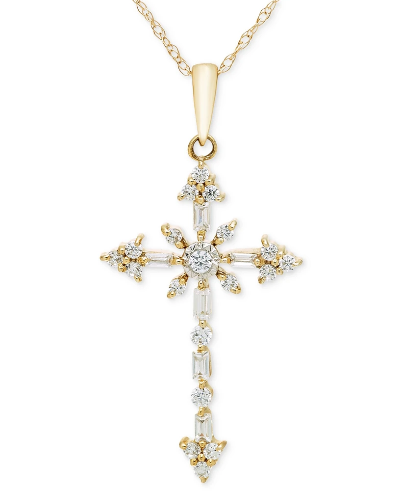 Diamond Round & Baguette Ornate Cross 18" Pendant Necklace (1/4 ct. t.w.) in 14k Two-Tone Gold