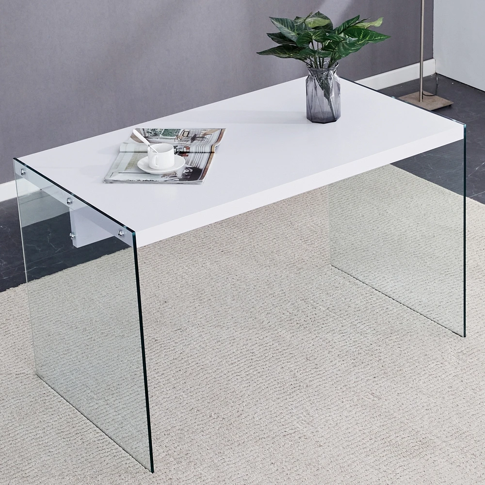 Simplie Fun The top of the coffee table is made of Mdf and white stickers, and the sides are clear tempered glass. The design is simple and elegant, a