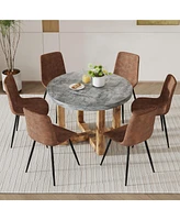 Streamdale Furniture A modern and practical circular dining table. Made of Mdf tabletop and wooden Mdf table legs.a set of 6 brown cushioned chairs in